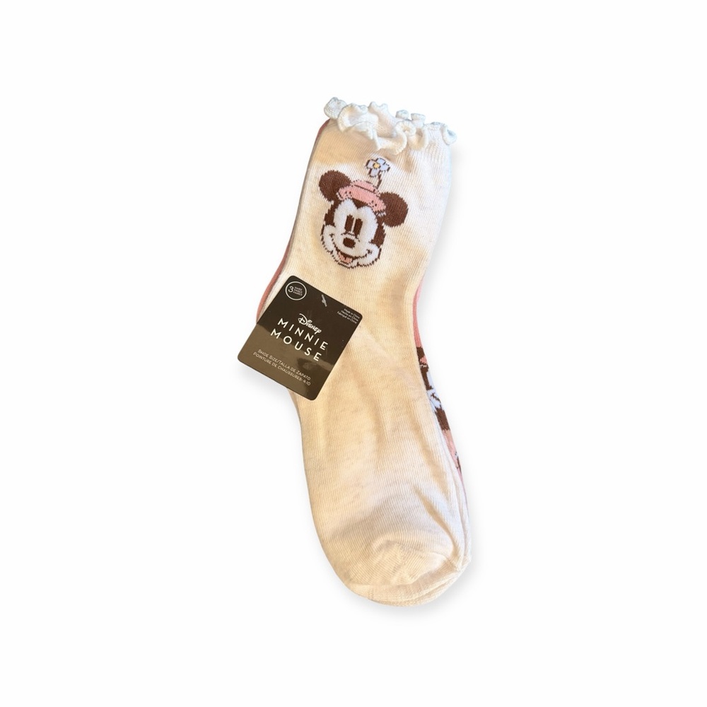Disney Minnie Mouse Socks Cream Pink Ruffle Lettuce Ankle 3PK